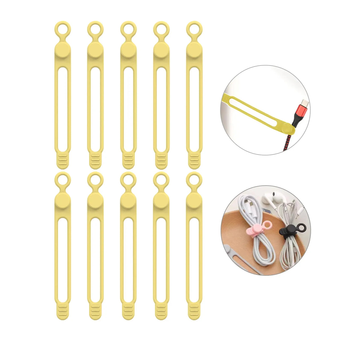 A set of yellow silicone cable ties and cord organizers shown in various lengths and styles.