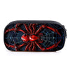 A black pencil case featuring a red spider web design with a large, detailed spider illustration.