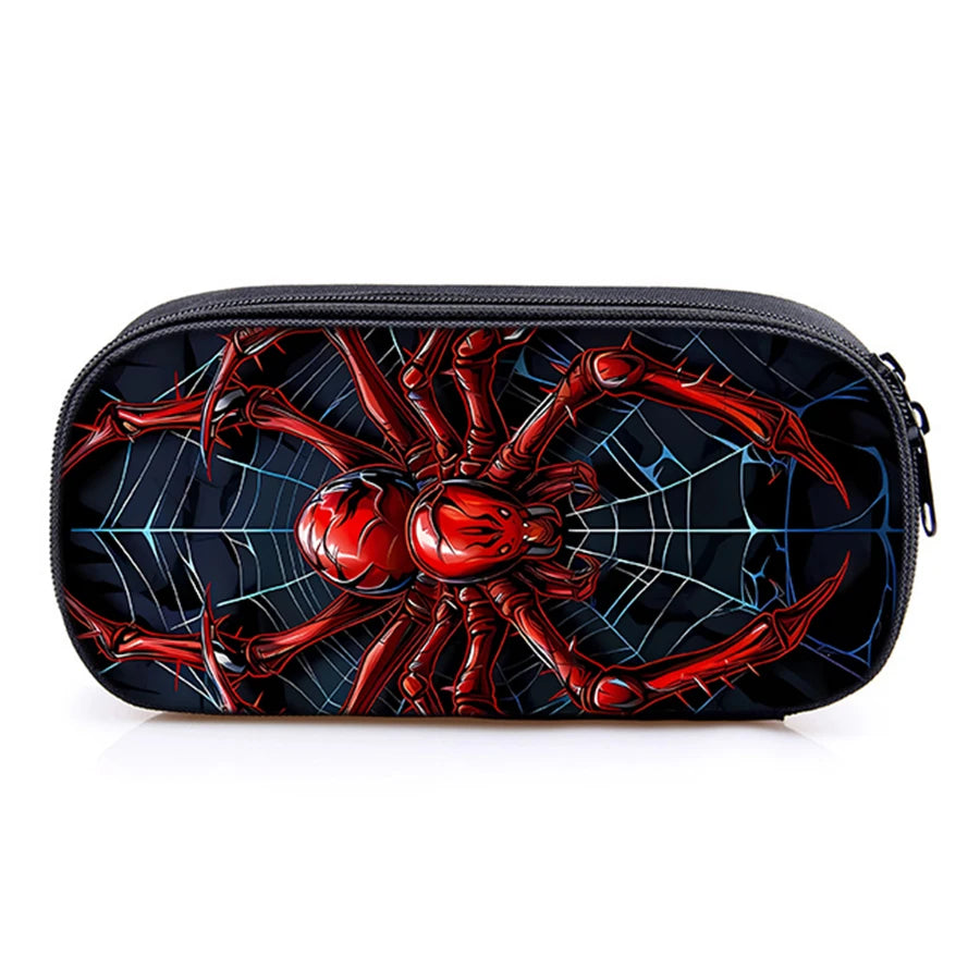 A black pencil case featuring a red spider web design with a large, detailed spider illustration.