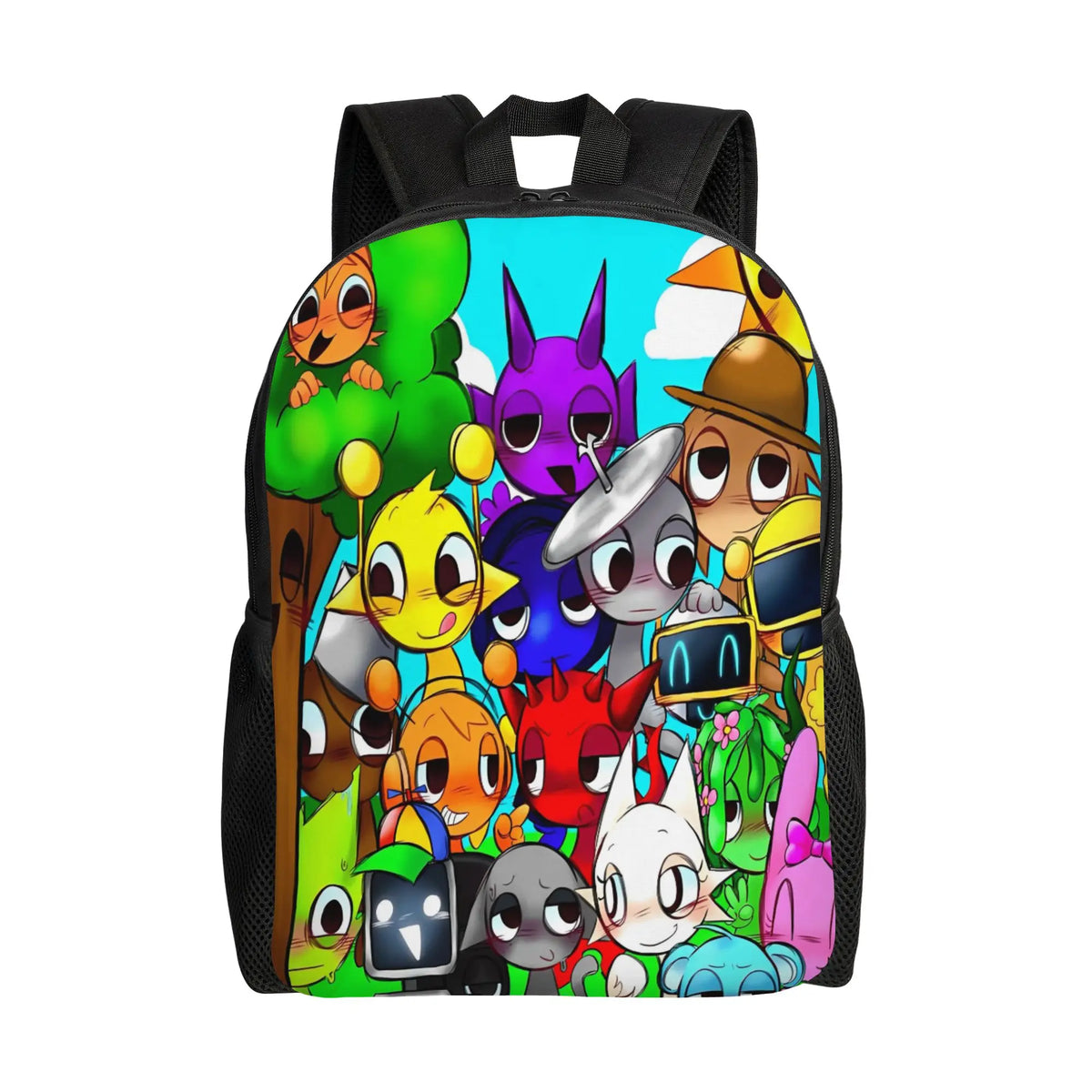 A bright blue backpack featuring various colorful cartoon characters and vibrant green foliage.
