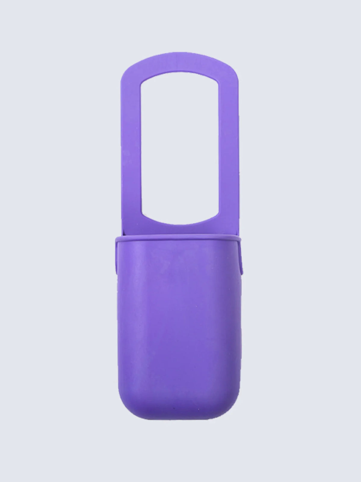 A purple foldable silicone cup holder designed for bikes, strollers, and carts.