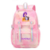 A pink and purple sparkly laptop backpack featuring a character design and pink fluffy accents.