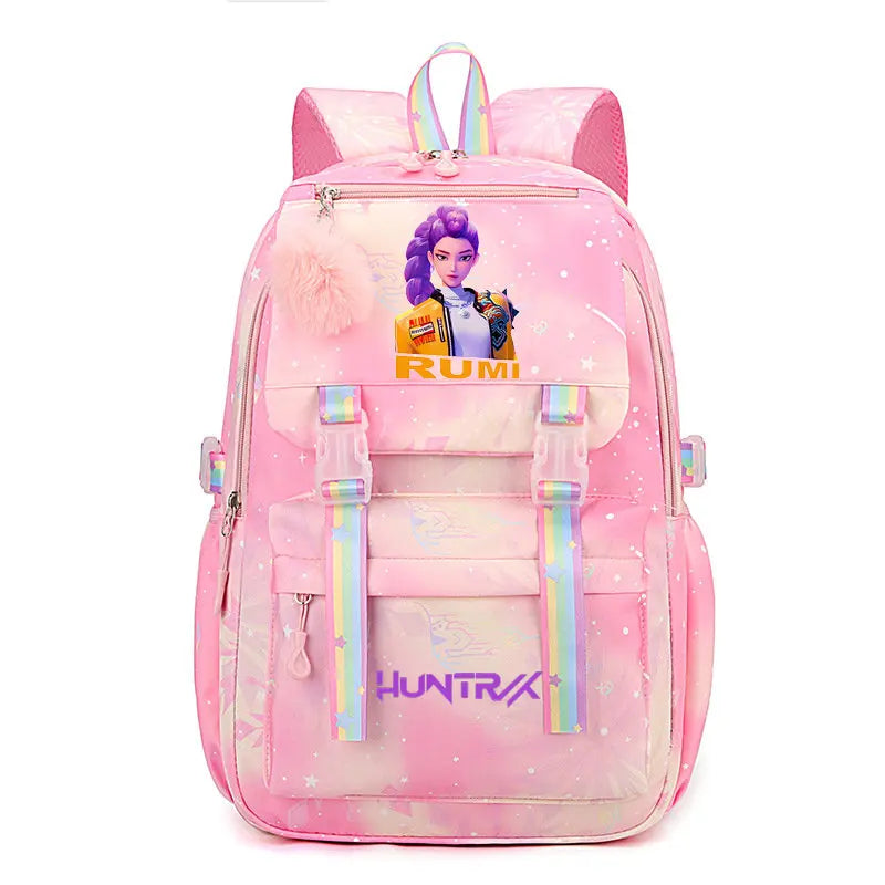 A pink and purple sparkly laptop backpack featuring a character design and pink fluffy accents.