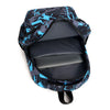 A stylish sports laptop backpack featuring a dark blue and black camouflage pattern with a rain cover.