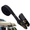 A roll of black heavy duty ratchet tie-down straps is shown next to a vehicle.