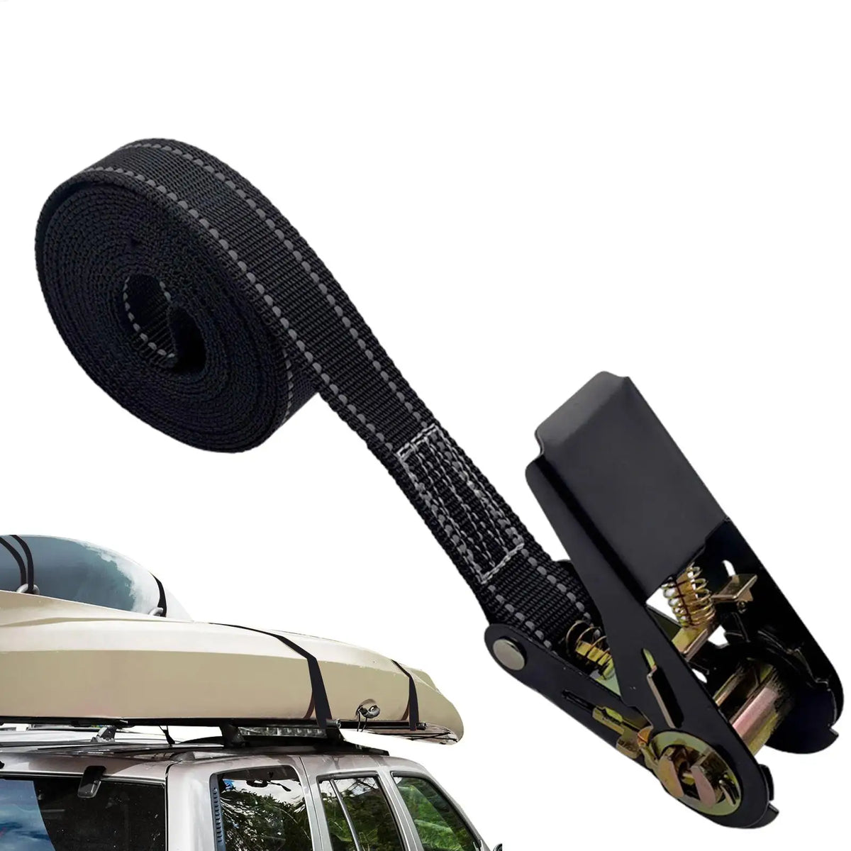 A roll of black heavy duty ratchet tie-down straps is shown next to a vehicle.