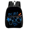 Black backpack featuring a blue game controller graphic on the front pocket