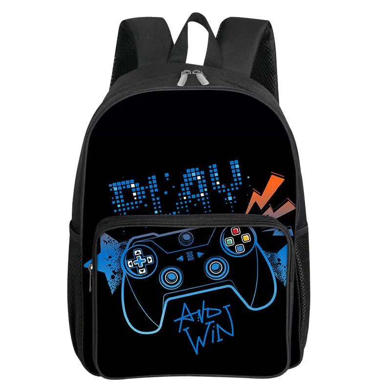 Black backpack featuring a blue game controller graphic on the front pocket