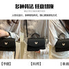 Three views of a black leather shoulder messenger bag with a gold hardware detail shown in hand, carried, and on the shoulder