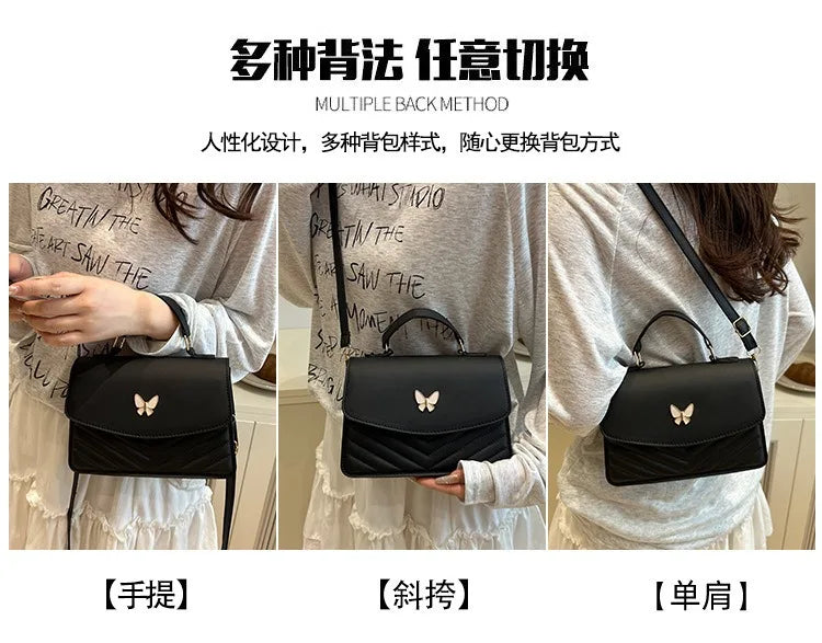 Three views of a black leather shoulder messenger bag with a gold hardware detail shown in hand, carried, and on the shoulder