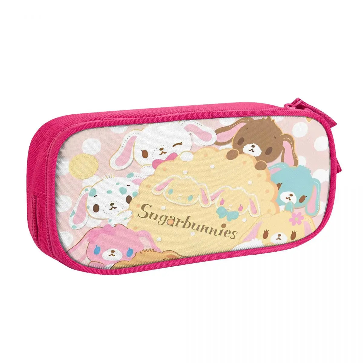A pink pencil case featuring cute bear characters and the text Sugarbunnies