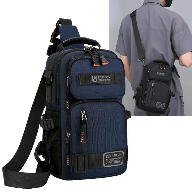A dark blue multifunctional chest bag with black straps shown next to a person wearing a gray shirt.