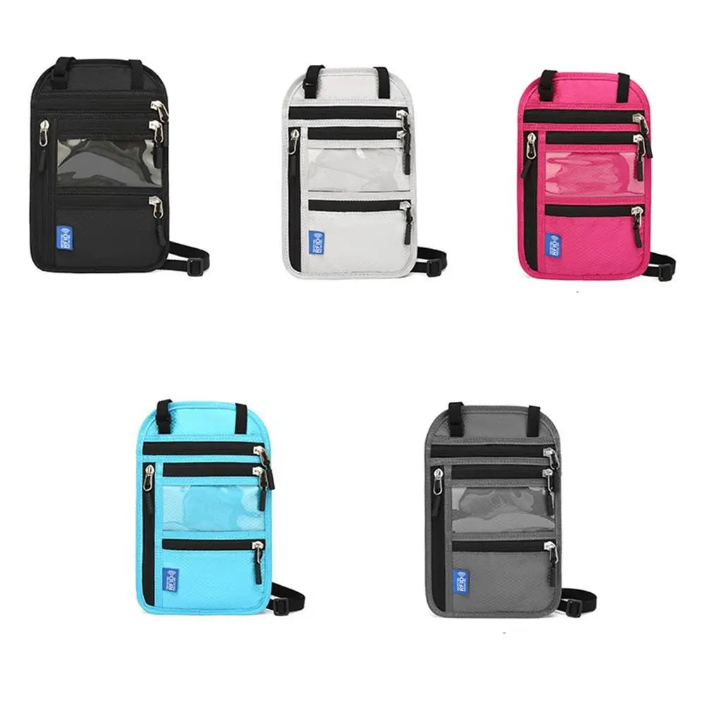 Four versions of an RFID-blocking travel neck wallet in black, white, pink, and blue.
