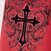 A close-up of a red fabric featuring a black gothic cross pattern outlined with white dots.