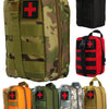 A collection of waterproof tactical waist pack first aid kit bags in various colors and camouflage patterns.