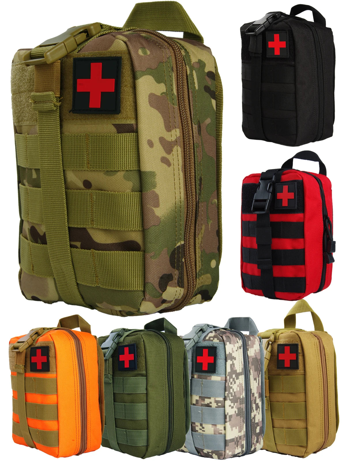 A collection of waterproof tactical waist pack first aid kit bags in various colors and camouflage patterns.