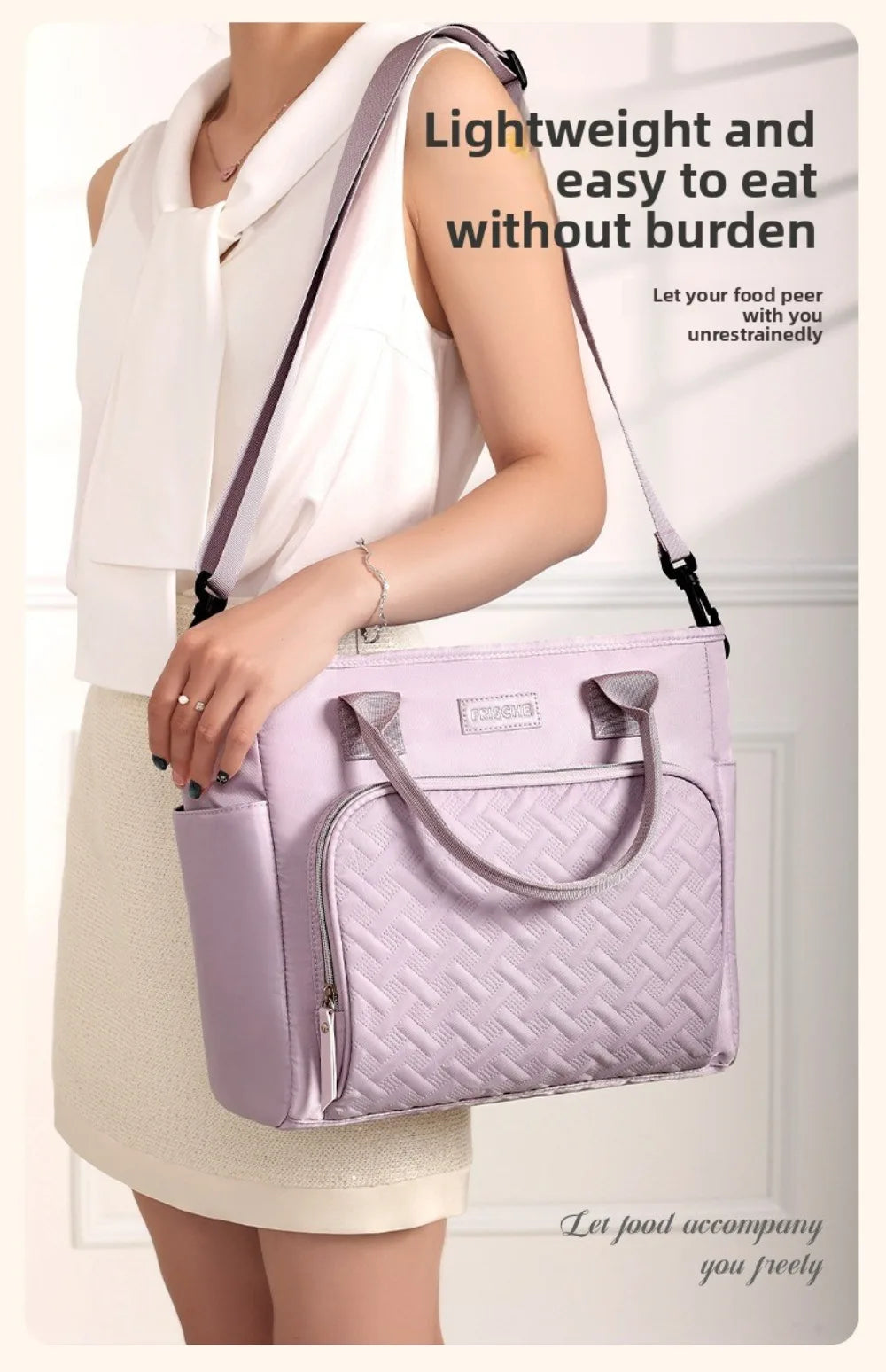 A woman holds a light purple quilted insulated lunch bag against a white background.