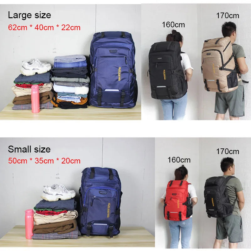 A large blue travel backpack is shown next to stacked clothing and a pink water bottle, with people standing nearby.