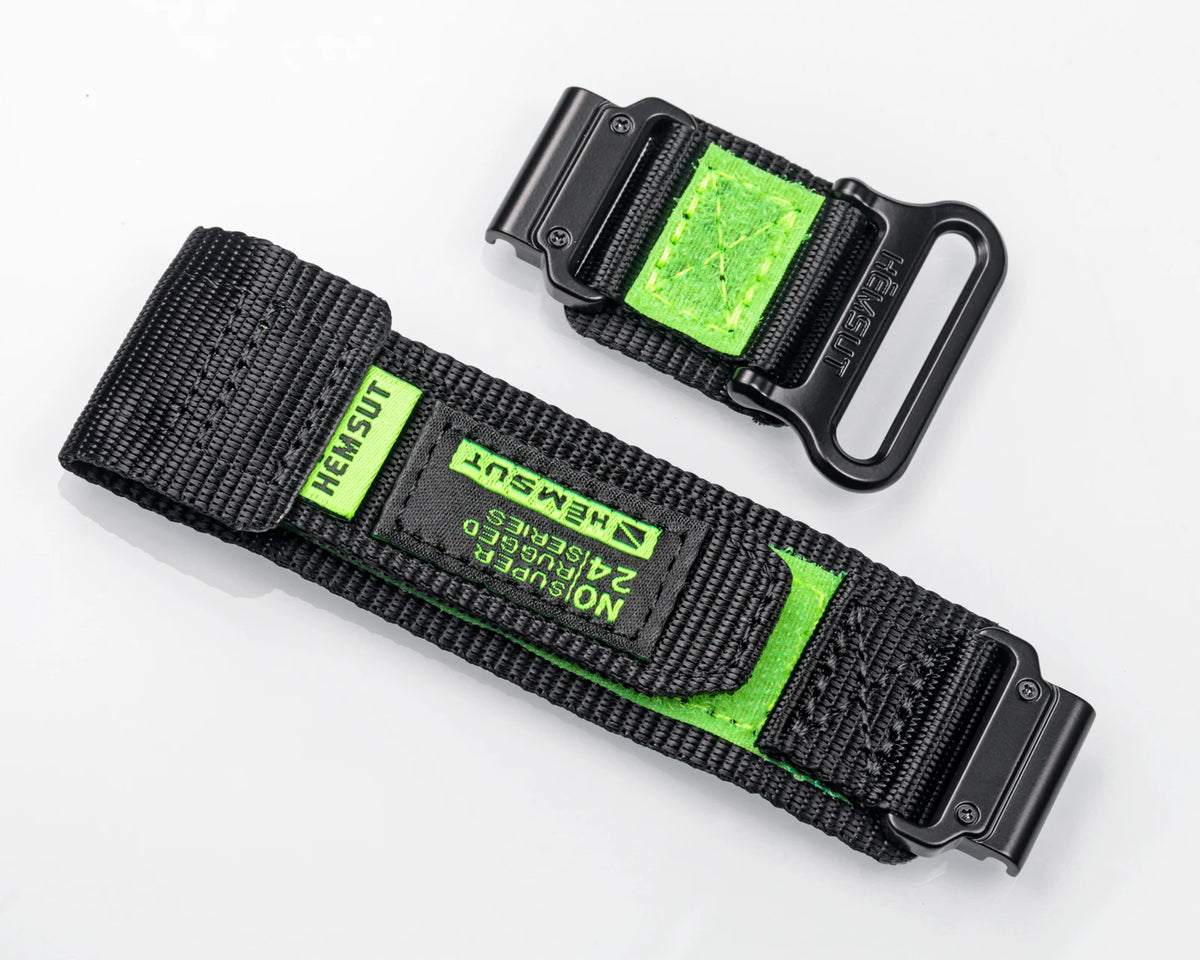 Black nylon sport strap with a lime green accent for a Garmin watch.