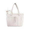 A white quilted padded tote bag with a handle and multiple pockets.