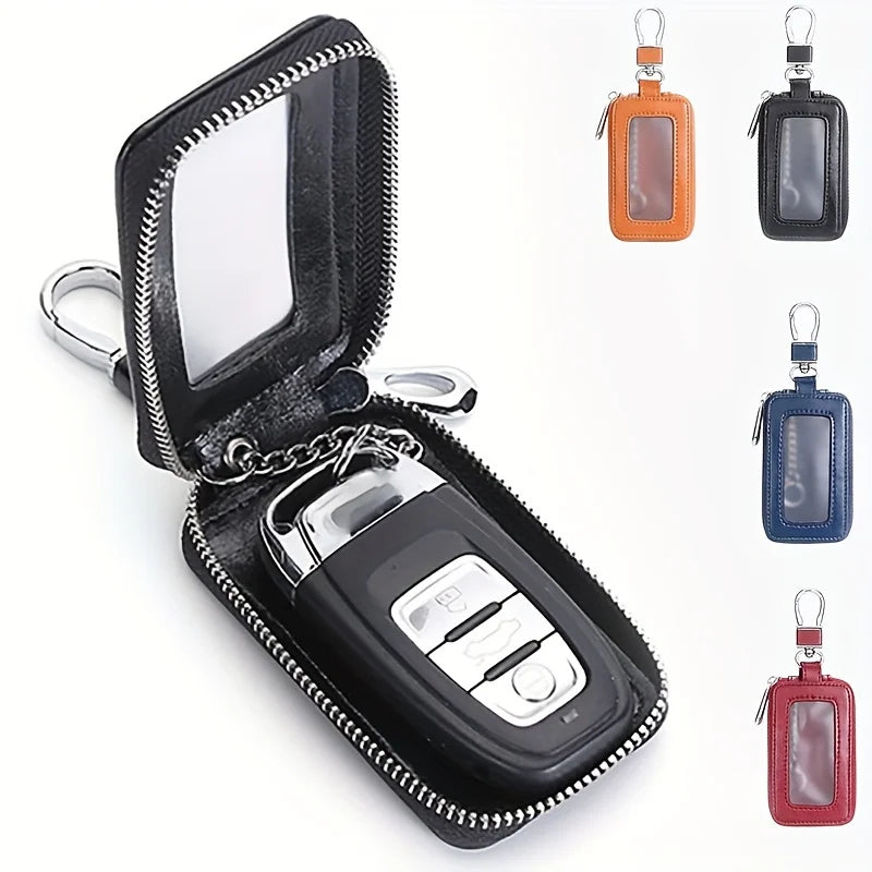 Black retro PU leather car key case with a metal hook and multiple color options.