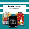 A red suitcase with a cat face design is shown next to a black suitcase, illustrating funny travel trunk protection.