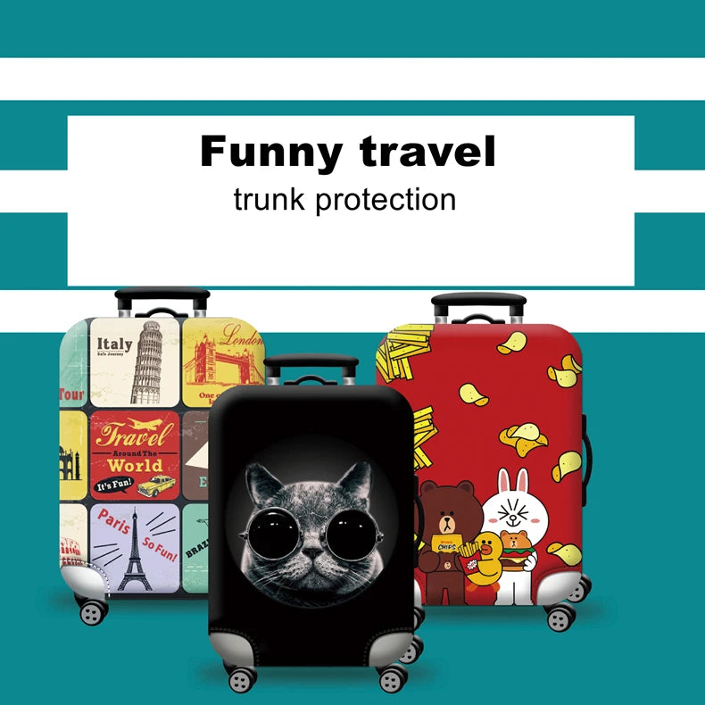 A red suitcase with a cat face design is shown next to a black suitcase, illustrating funny travel trunk protection.