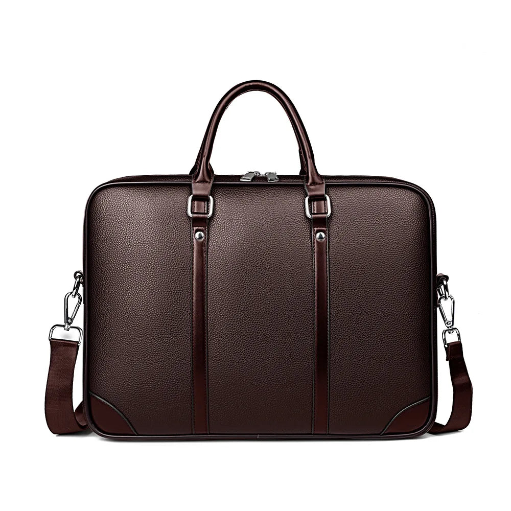 A dark brown luxury PU leather business briefcase with leather handles and silver hardware.