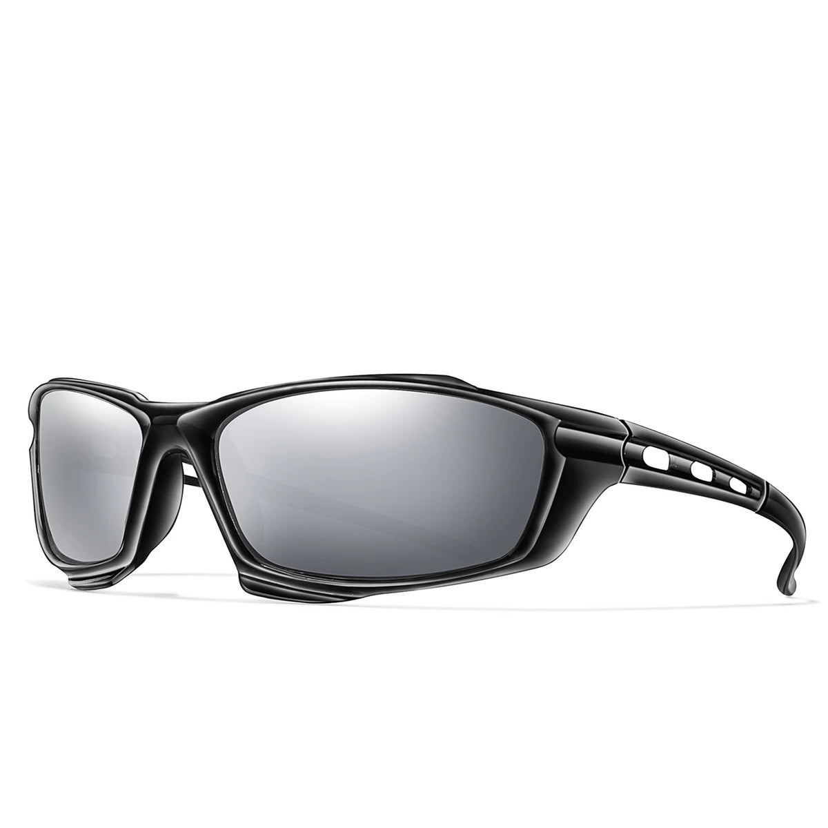 Un par de gafas deportivas negras polarizadas con lentes oscuros y brazos flexibles.