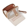 A light beige leather coin purse and card holder wallet with a brown lining and stitched details.