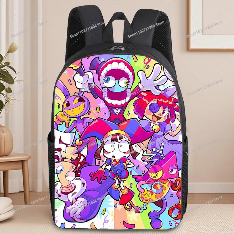 A black backpack featuring a colorful anime print of characters and vibrant colors.