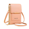 A light peach colored RFID-protected touch screen crossbody bag with gold hardware and a zipper.