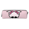 A pink elegant leather pencil case featuring a stylized skull design with pink bows.