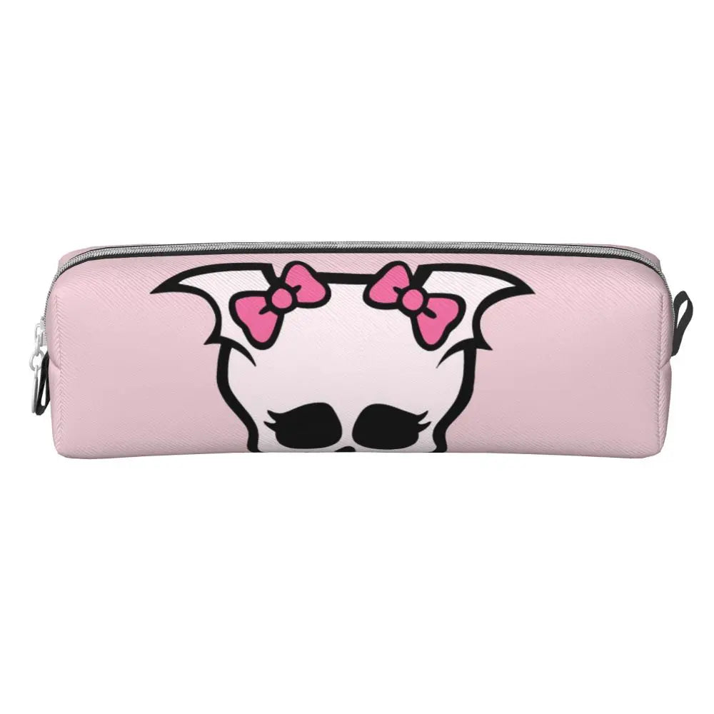 A pink elegant leather pencil case featuring a stylized skull design with pink bows.