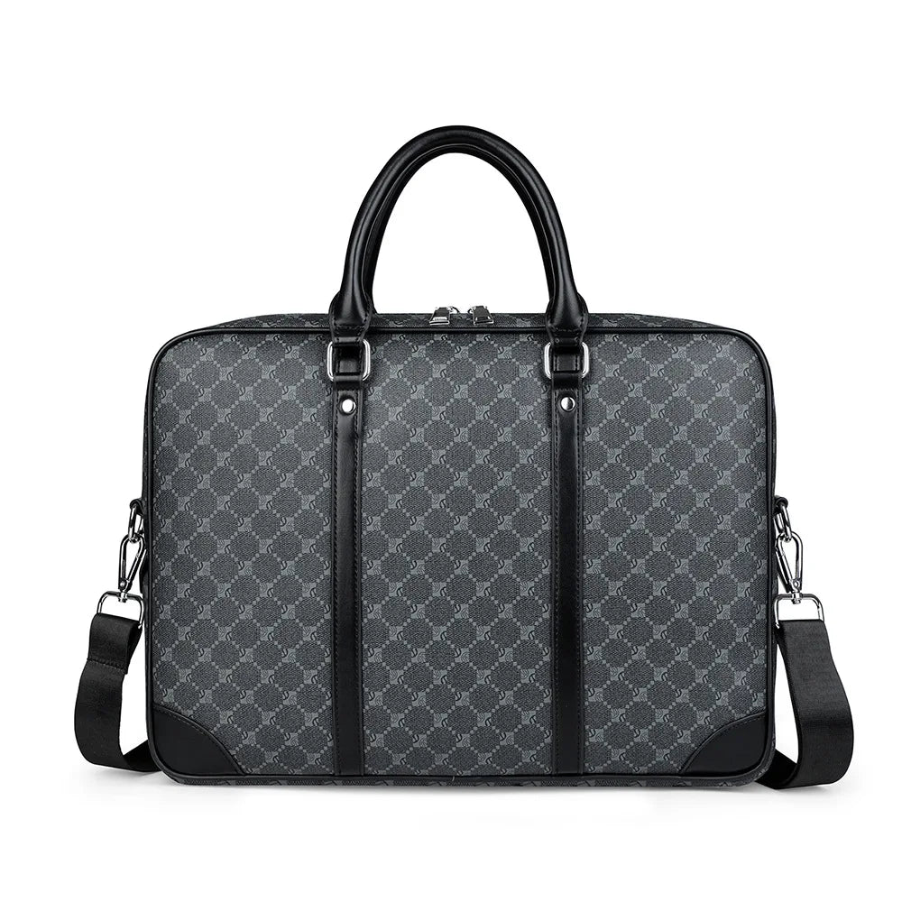A black luxury PU leather business briefcase with a handle and dual shoulder straps.