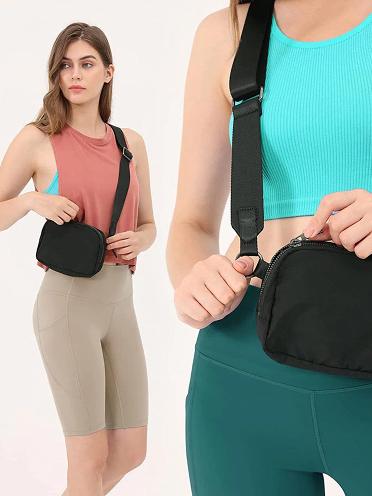 A woman wearing a teal top and green leggings is holding a black cross-body nylon waist bag with a black strap.