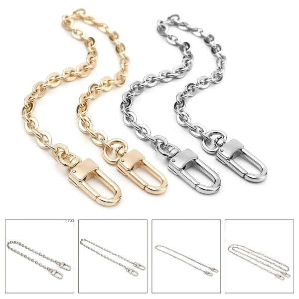 Three strands of adjustable metal purse chain straps in gold and silver tones