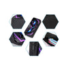 A set of three black cartoon mechanical robot school backpacks displayed in various angles.