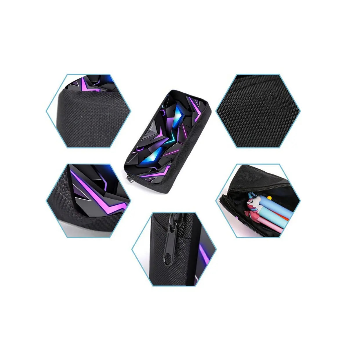A set of three black cartoon mechanical robot school backpacks displayed in various angles.