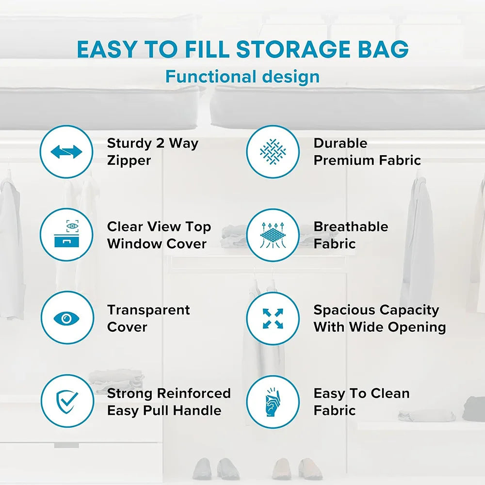 A set of storage bags with various features like a sturdy zipper, durable fabric, and clear view top window cover.