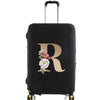 Black premium elastic luggage protective cover with a gold letter R and floral accents