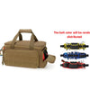A tan heavy-duty multi-pocket tool bag with a reinforced base shown next to various colored belts.