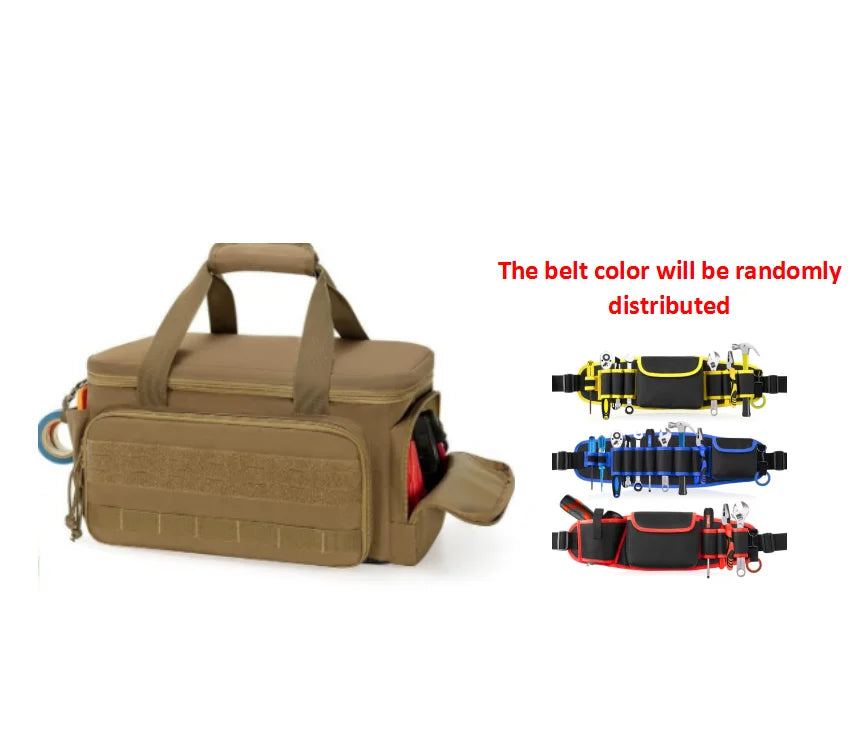 A tan heavy-duty multi-pocket tool bag with a reinforced base shown next to various colored belts.