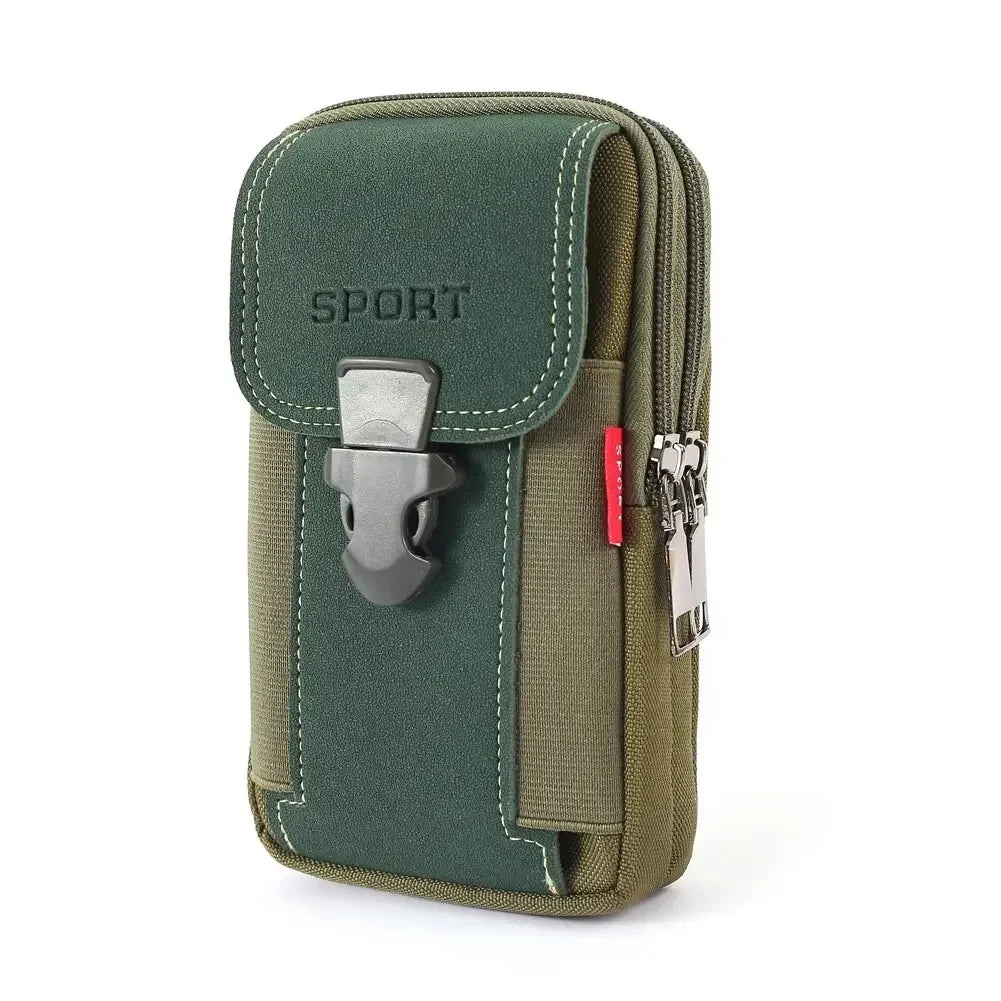 A dark olive green tactical belt pouch designed to hold a mobile phone.