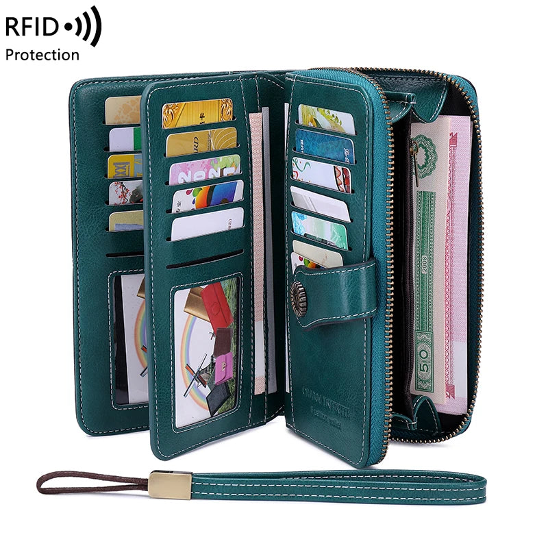A dark green RFID protection multi-card wallet with a wrist strap, showing various cards and identification documents.