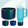 A teal silicone boot sleeve for a water bottle is shown in various sizes and a full cup version.