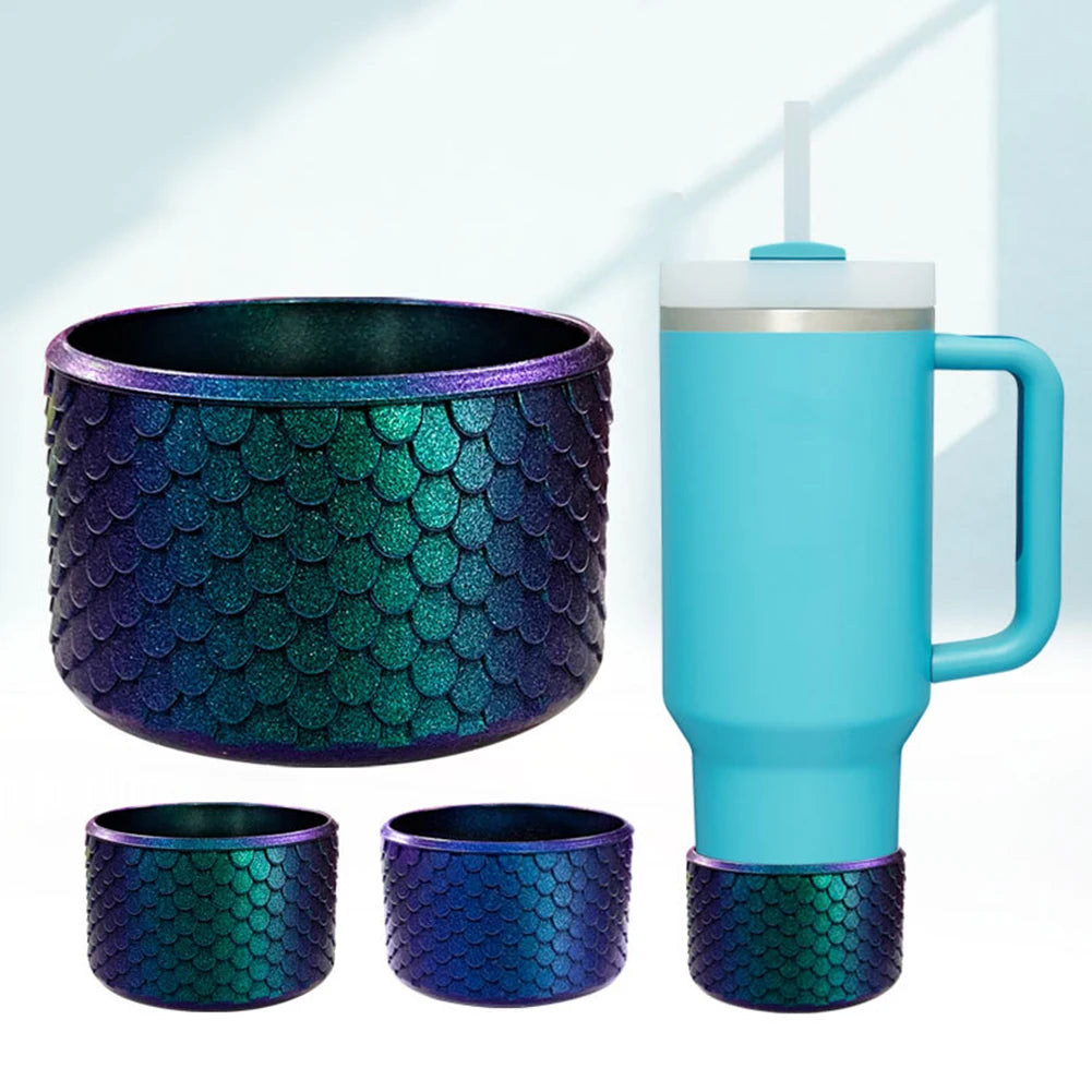 A teal silicone boot sleeve for a water bottle is shown in various sizes and a full cup version.