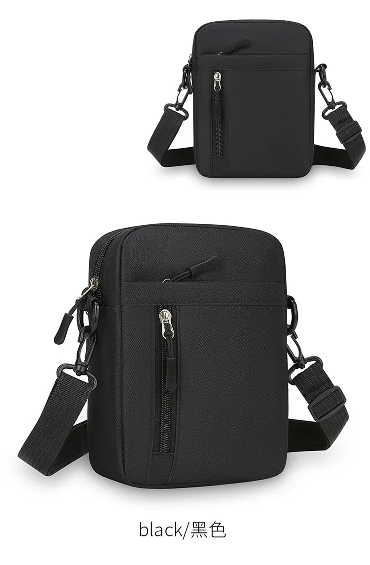 Black lightweight nylon crossbody shoulder bag for men shown from the front.