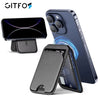 A dark gray MagSafe magnetic card holder wallet for an iPhone is shown alongside the phone.