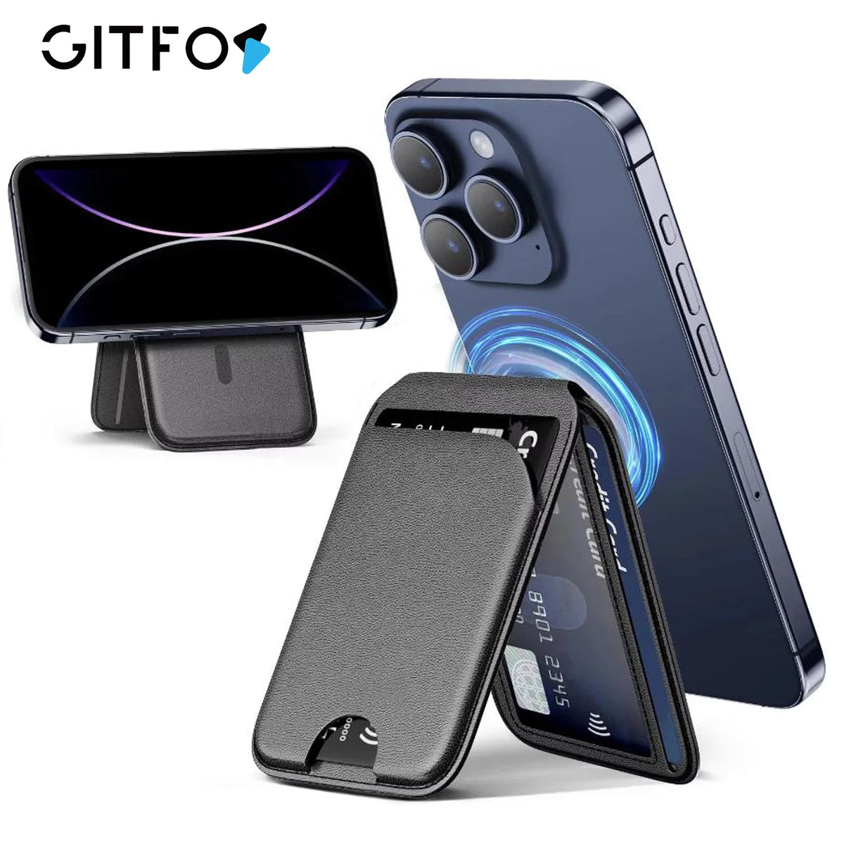 A dark gray MagSafe magnetic card holder wallet for an iPhone is shown alongside the phone.